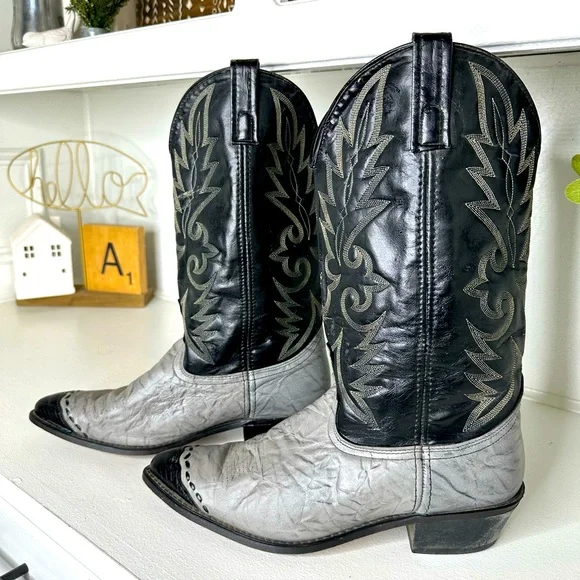 Vintage Acme Black & Gray Western Cowboy Boots Embroidery Men 10.5D Made in USA - Picture 1 of 8